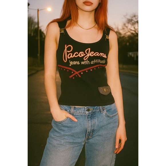 VTG Paco Jeans Tank Women XL With Attitude Black Red Embroidery Studs Y2K Skater - Picture 1 of 13